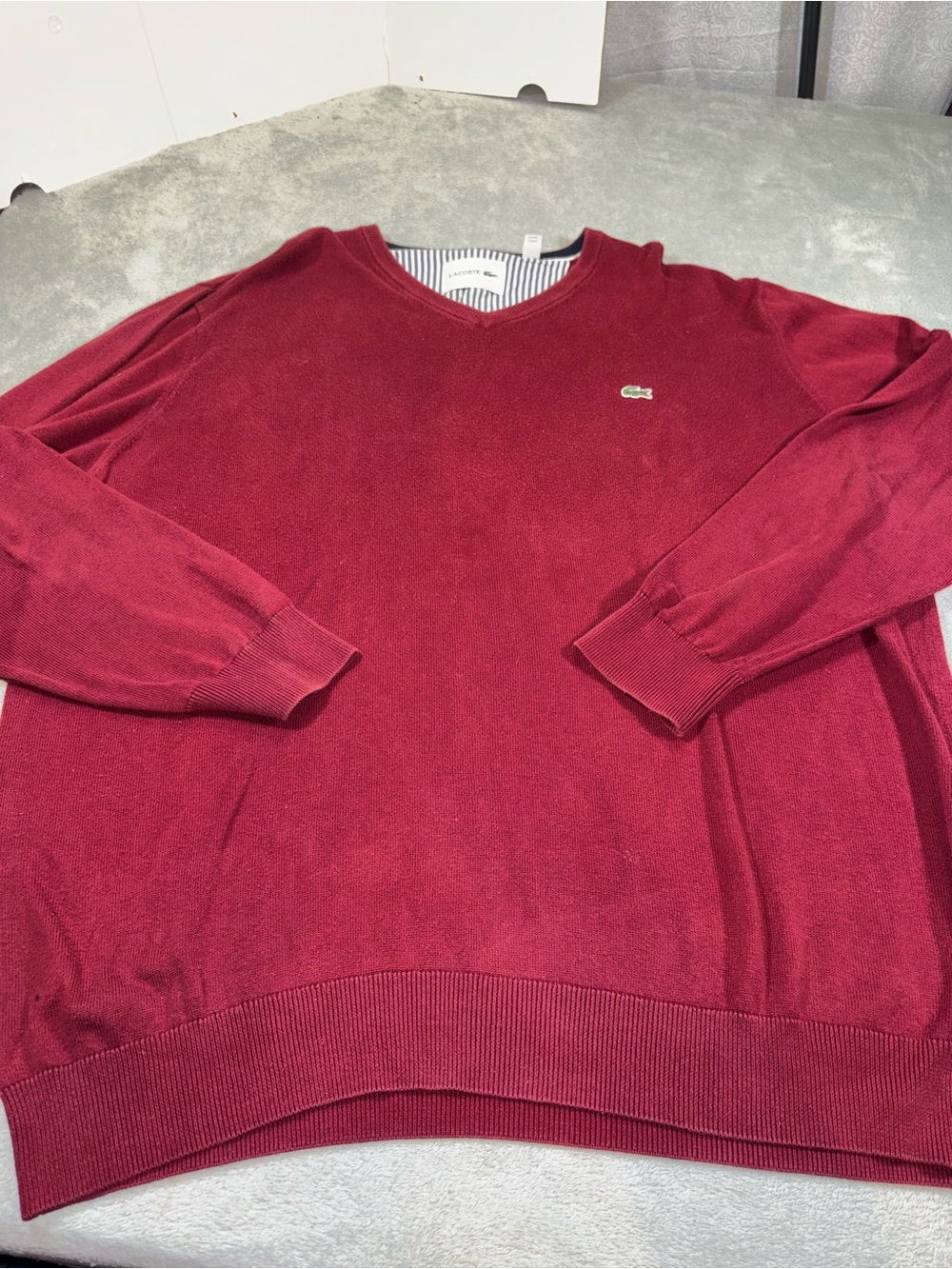 Lacoste Men’s V-Neck Sweater Burgundy Red Size 3XL Big & Tall Striped Collar